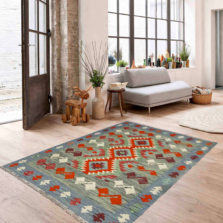 Multicolor Afghan Vegetable Kilim Rug 3'9" x 5'0" Flat-Weave reverse