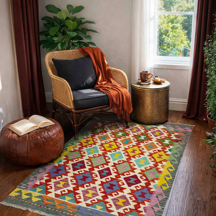 Afghan Vegetable Kilim Rug 3' 3" x 4' 10" Flat-Weave reverse