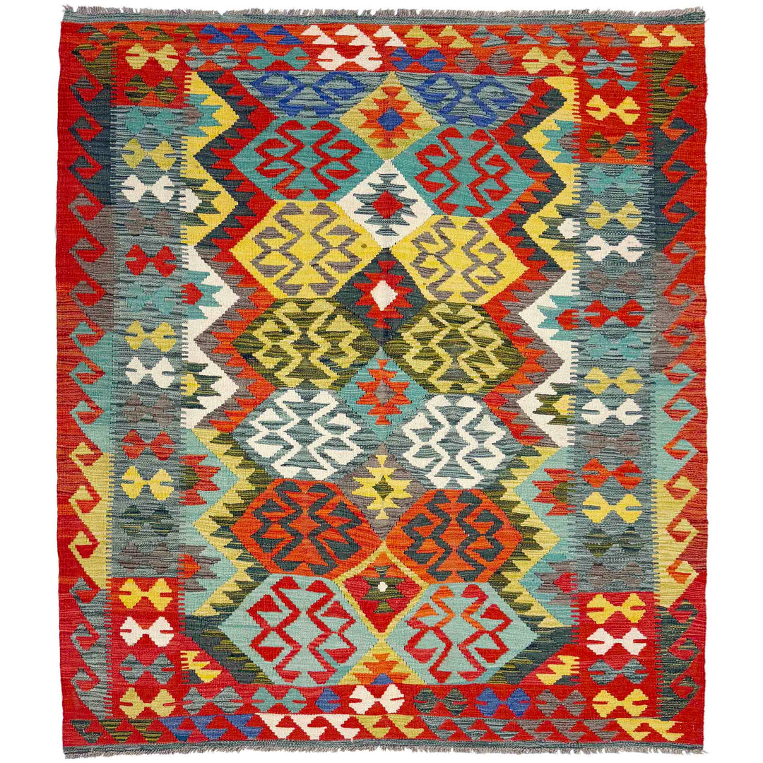 Afghan Vegetable Kilim Rug 5' 1" x 6' 8" Flat-Weave