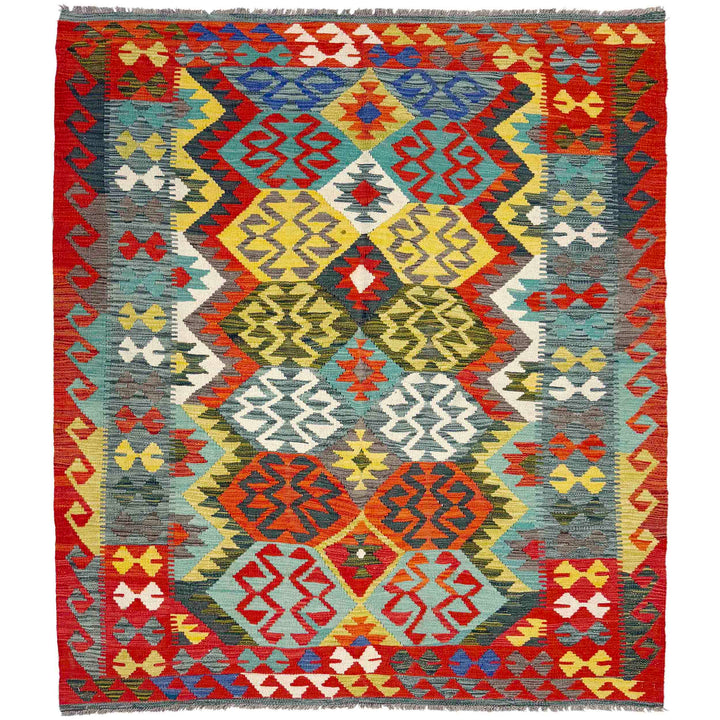 Afghan Vegetable Kilim Rug 5' 1" x 6' 8" Flat-Weave