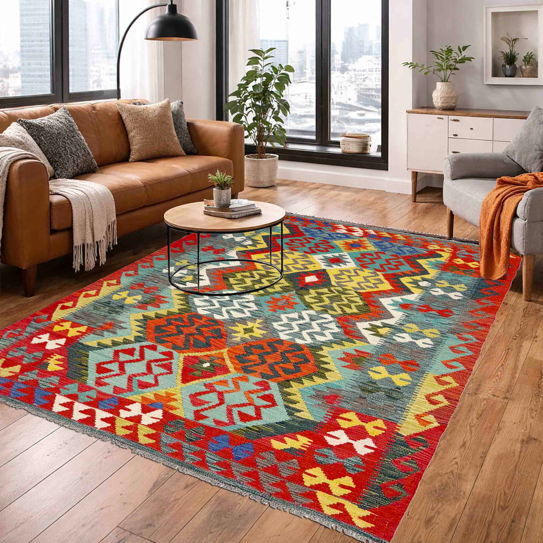 Afghan Vegetable Kilim Rug 5' 1" x 6' 8" Flat-Weave reverse