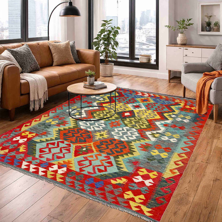 Afghan Vegetable Kilim Rug 5' 1" x 6' 8" Flat-Weave reverse