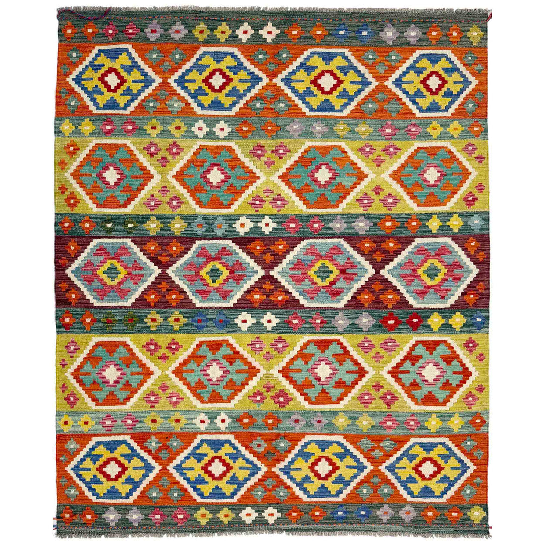 Afghan Vegetable Kilim Rug 5'2" x 6'7" Flat-Weave