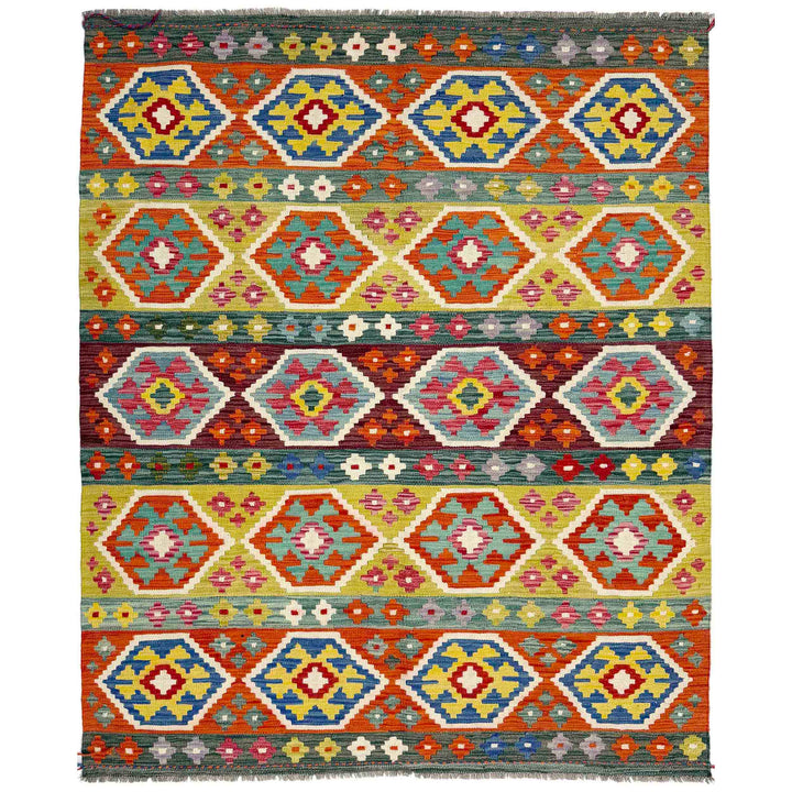 Afghan Vegetable Kilim Rug 5'2" x 6'7" Flat-Weave