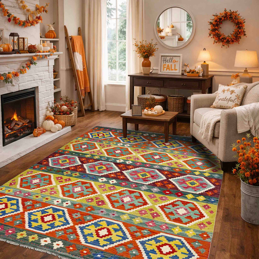 Afghan Vegetable Kilim Rug 5'2" x 6'7" Flat-Weave reverse