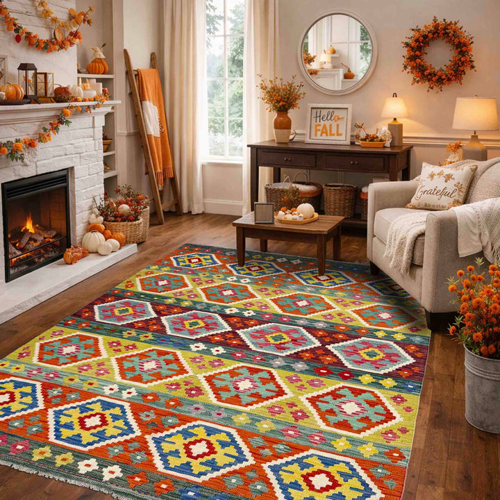 Afghan Vegetable Kilim Rug 5'2" x 6'7" Flat-Weave reverse