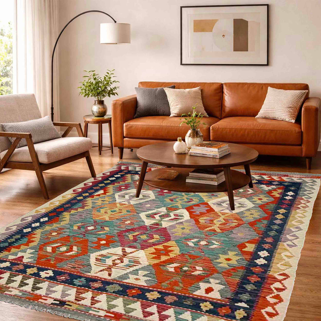 Afghan Vegetable Kilim Rug 5' 0" x 6' 9" Flat-Weave reverse