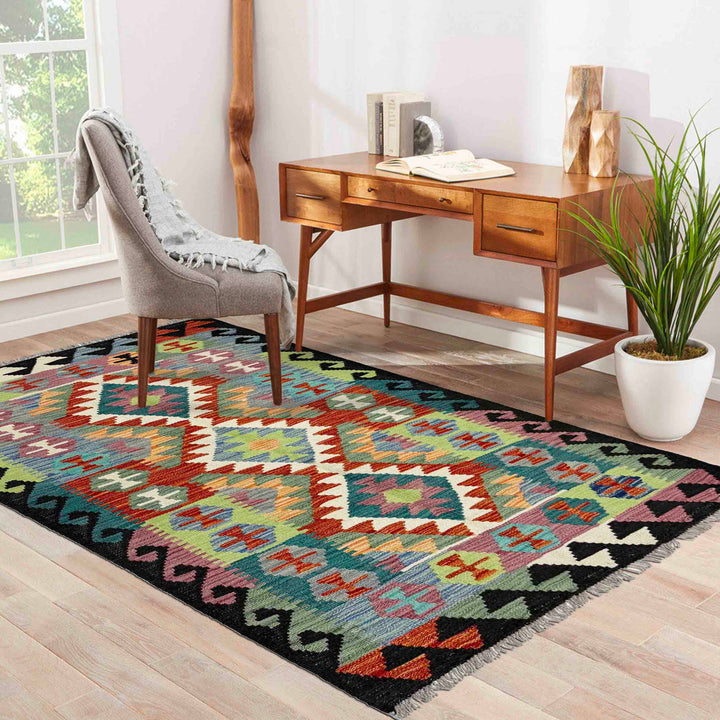 Afghan Vegetable Kilim Rug 3' 1" x 5' 2" Flat-Weave reverse