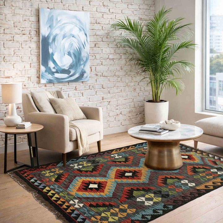 Afghan Vegetable Kilim Rug 3'3" x 4'10" Flat-Weave reverse