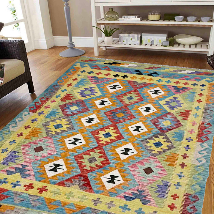 Afghan Vegetable Kilim Rug 5' 2" x 6' 9" Flat-Weave reverse