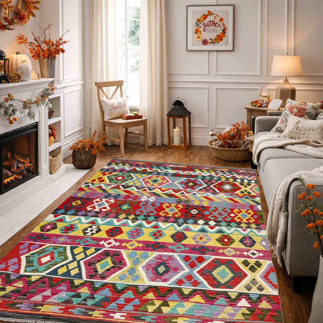 Afghan Vegetable Kilim Rug 4' 9" x 6' 8" Flat-Weave reverse