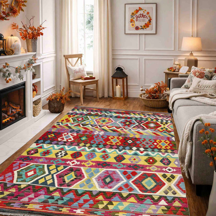 Afghan Vegetable Kilim Rug 4' 9" x 6' 8" Flat-Weave reverse
