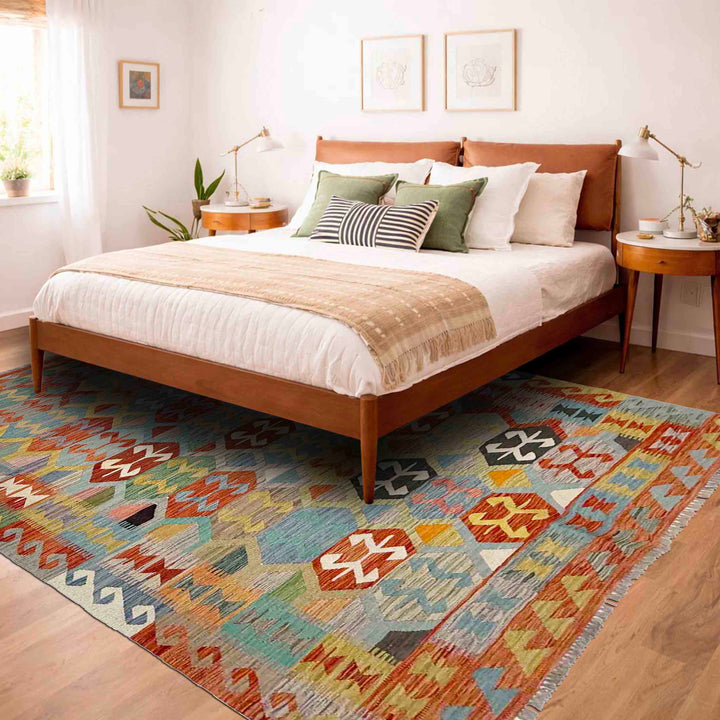 Afghan Vegetable Kilim Rug 5'11" x 8'0" Flat-Weave reverse