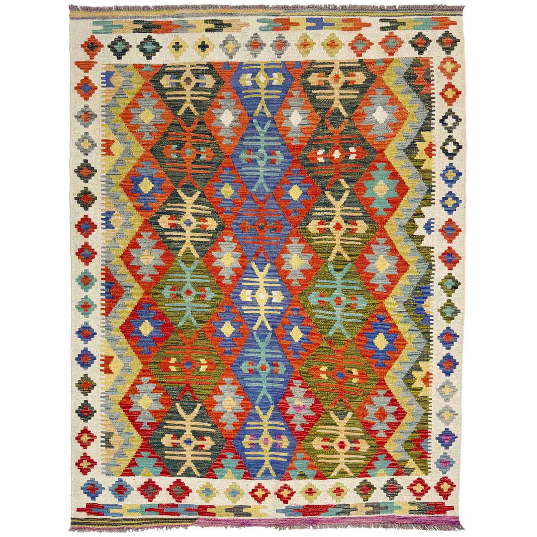 Afghan Vegetable Kilim Rug 4' 11" x 6' 7" Flat-Weave