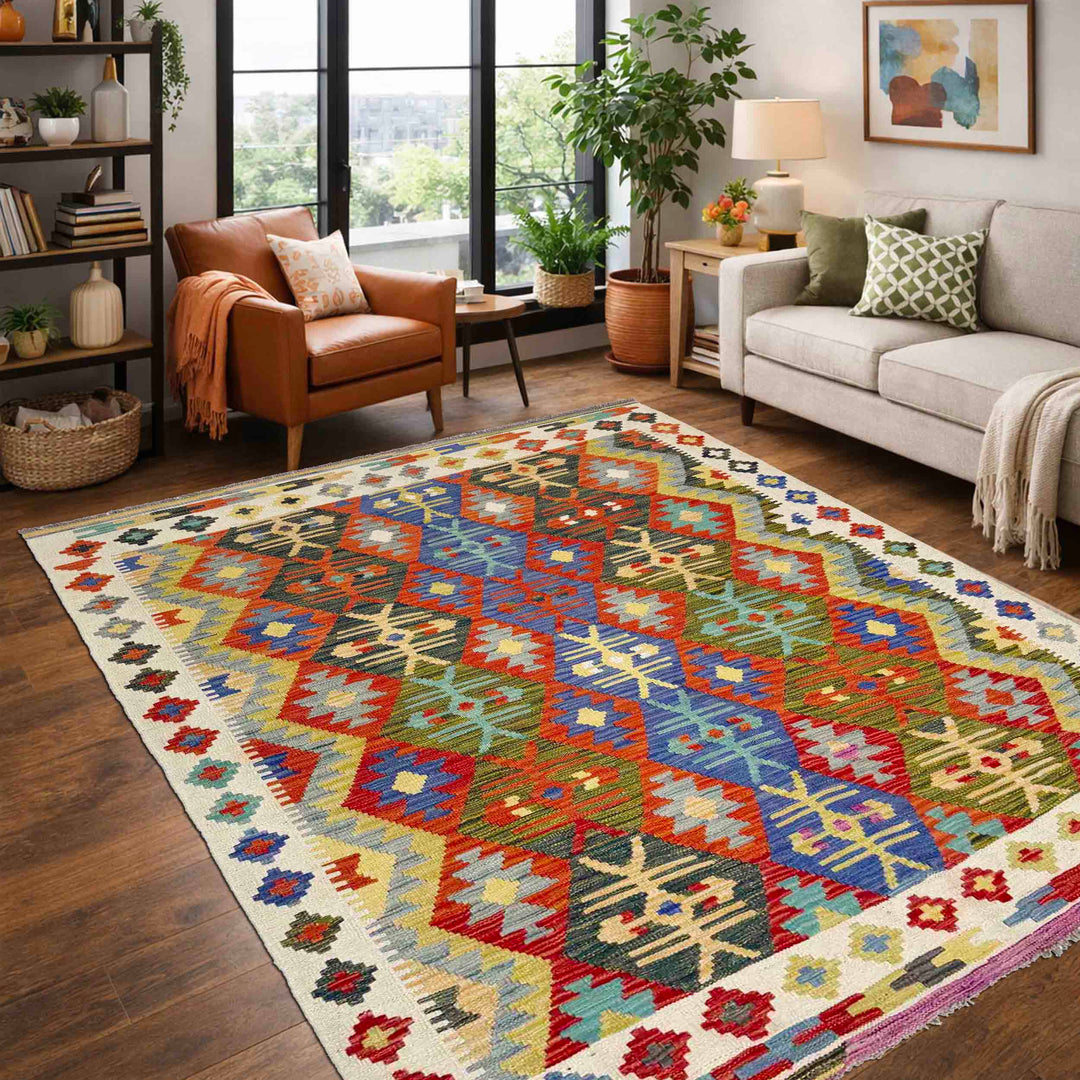 Afghan Vegetable Kilim Rug 4' 11" x 6' 7" Flat-Weave reverse