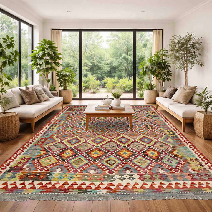 Afghan Vegetable Kilim Rug 5' 11" x 8' 1" Flat-Weave reverse