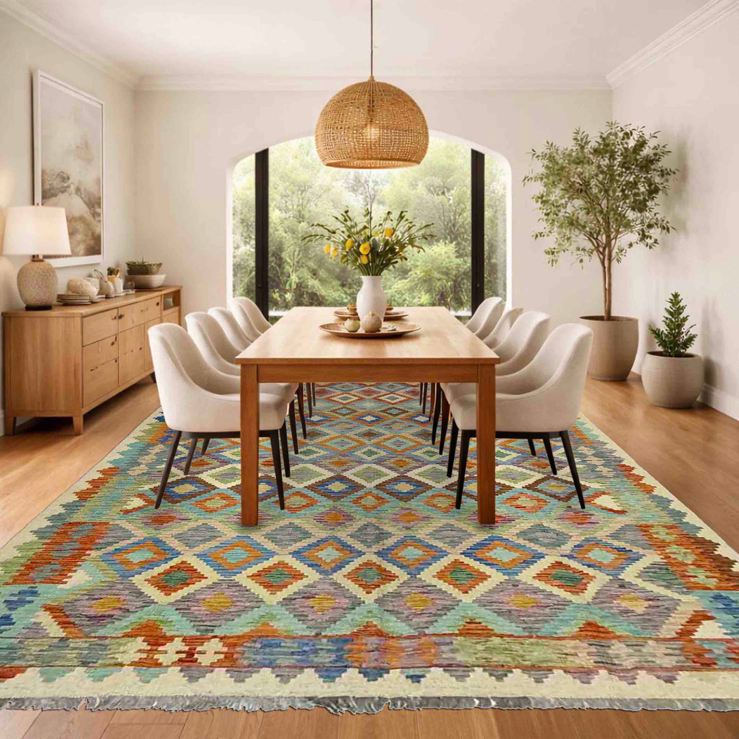 Afghan Vegetable Kilim Rug 6' 0" x 8' 6" Flat-Weave reverse