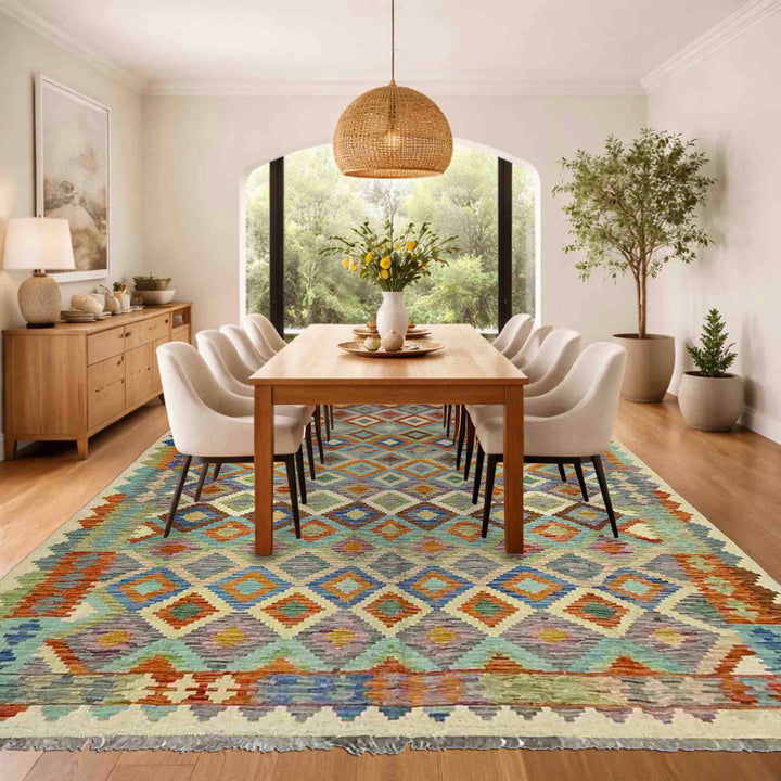 Afghan Vegetable Kilim Rug 6' 0" x 8' 6" Flat-Weave reverse