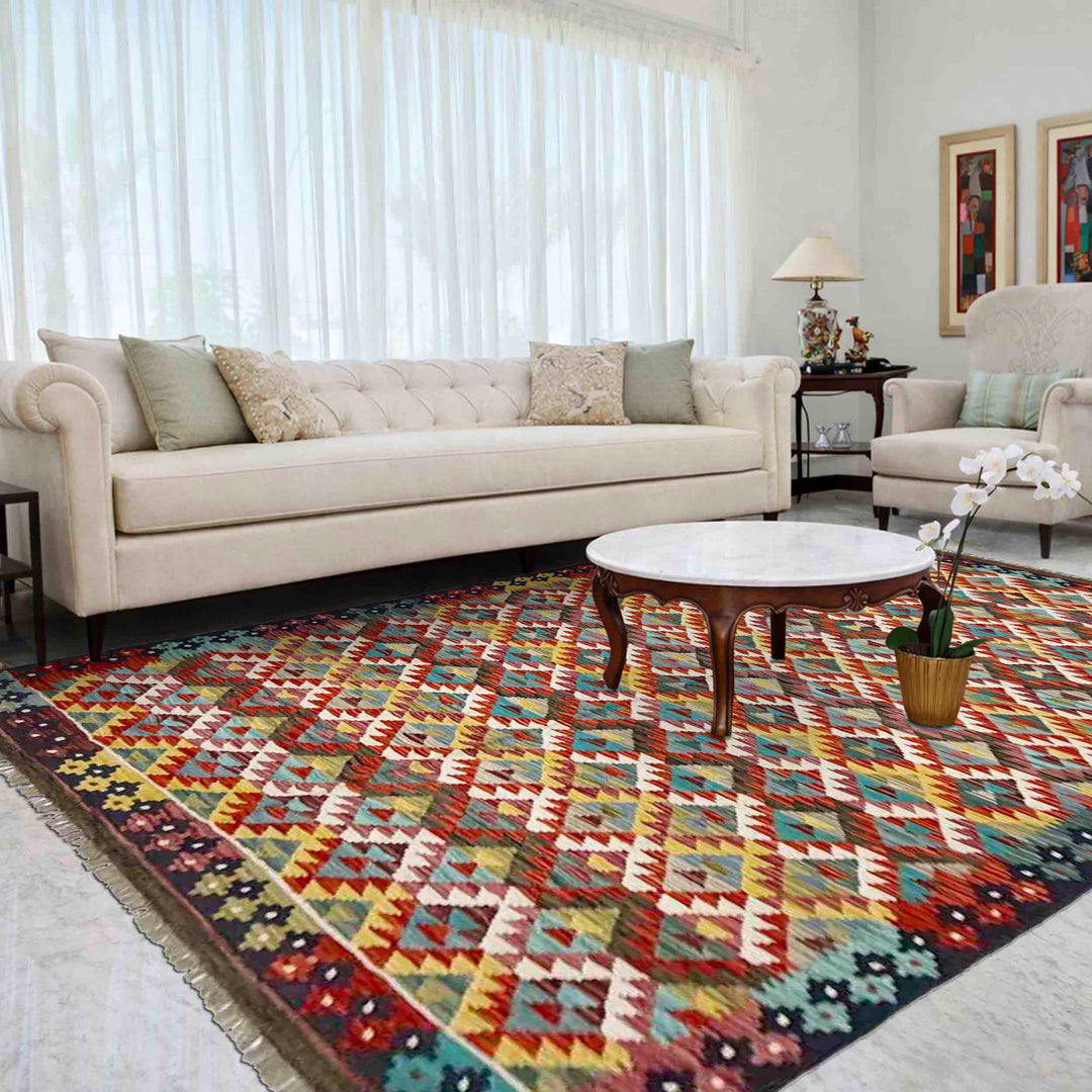 Afghan Vegetable Kilim Rug 6' 0" x 8' 2" Flat-Weave reverse