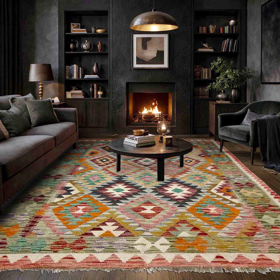 Afghan Vegetable Kilim Rug 5' 1" x 7' 7" Flat-Weave reverse