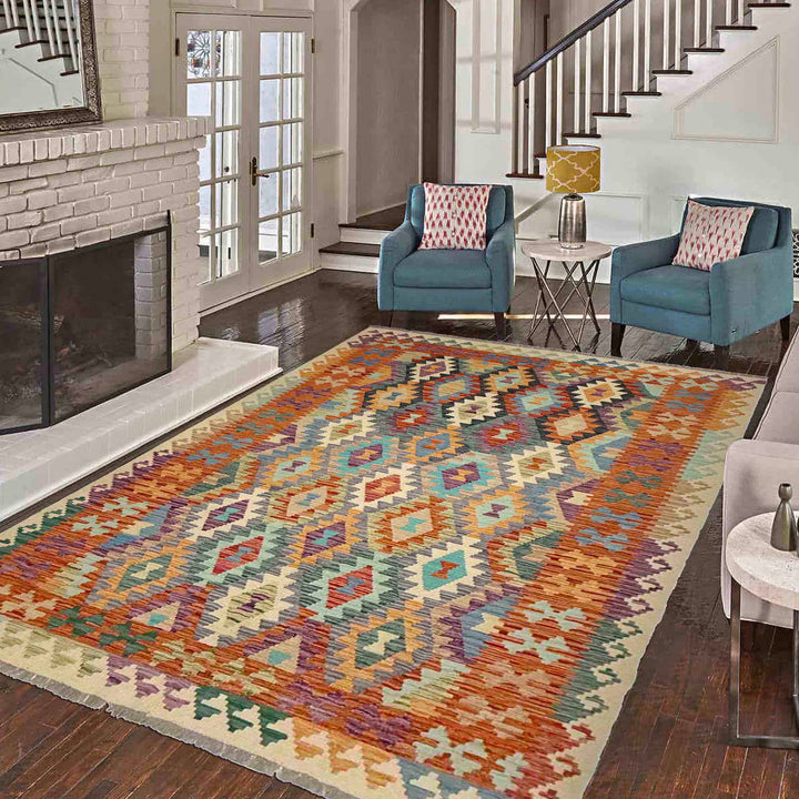 Afghan Vegetable Kilim Rug 5' 10" x 8' 0" Flat-Weave reverse