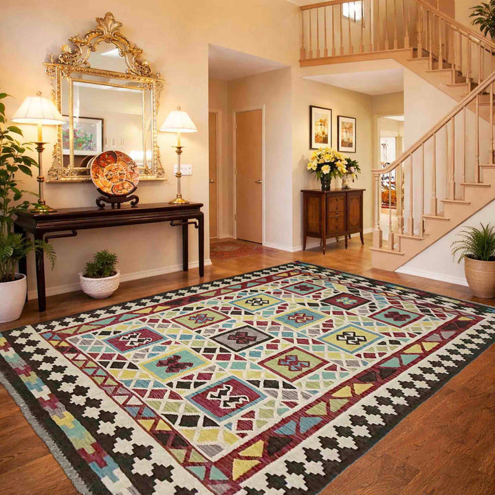 Afghan Vegetable Kilim Rug 5'6" x 8'10" Flat-Weave reverse