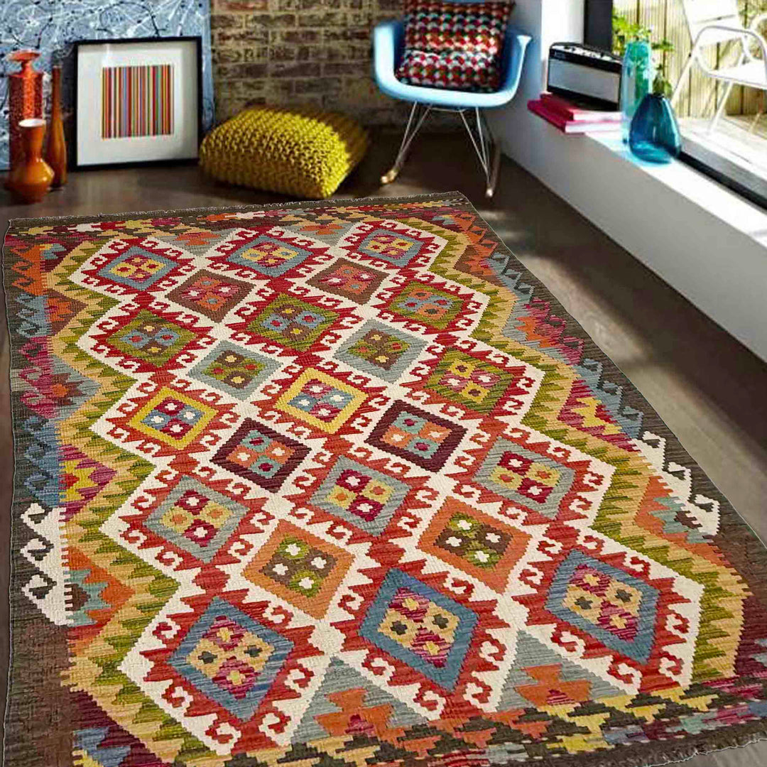 Afghan Vegetable Kilim Rug 4' 4" x 6' 11" Flat-Weave reverse
