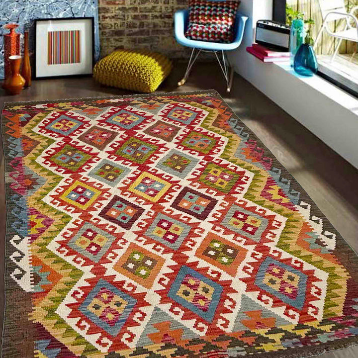 Afghan Vegetable Kilim Rug 4' 4" x 6' 11" Flat-Weave reverse