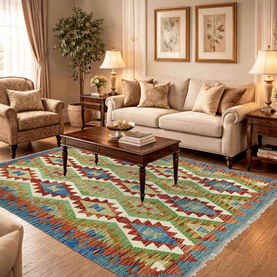 Afghan Vegetable Kilim Rug 5' 0" x 5' 7" Flat-Weave reverse