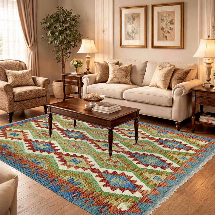 Afghan Vegetable Kilim Rug 5' 0" x 5' 7" Flat-Weave reverse