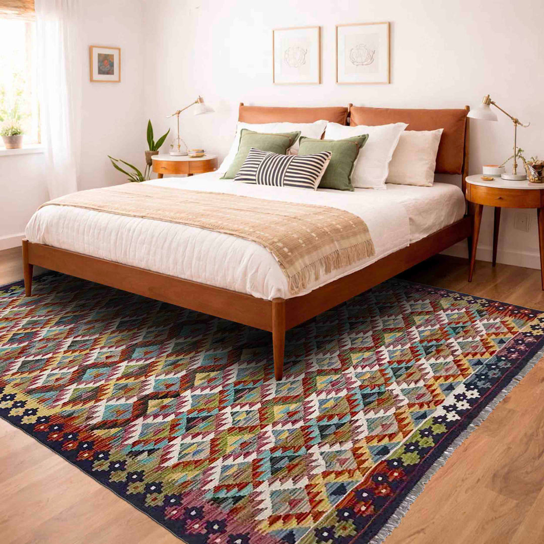 Afghan Vegetable Kilim Rug 5' 11" x 8' 1" Flat-Weave reverse