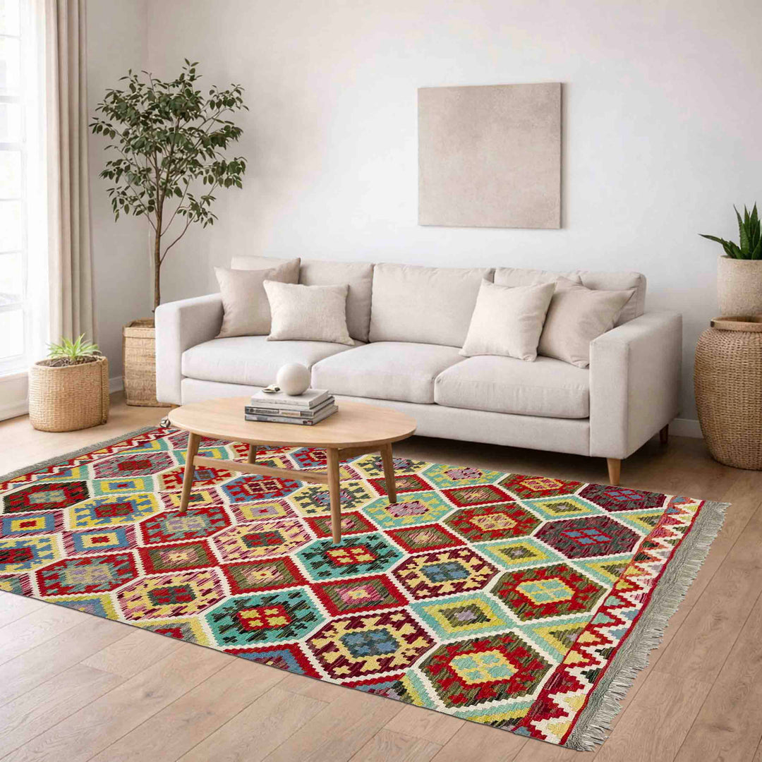 Afghan Vegetable Kilim Rug 5' 2" x 6' 5" Flat-Weave reverse