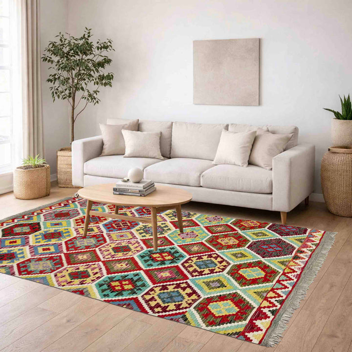 Afghan Vegetable Kilim Rug 5' 2" x 6' 5" Flat-Weave reverse