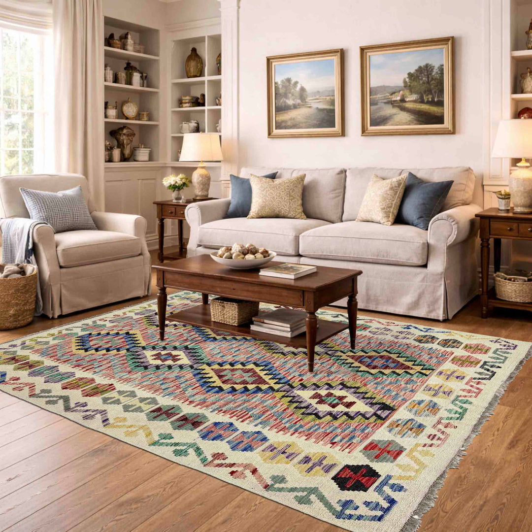 Afghan Vegetable Kilim Rug 5' 2" x 6' 7" Flat-Weave reverse