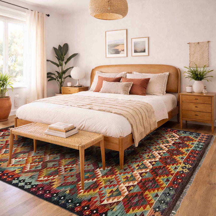 Afghan Vegetable Kilim Rug 5' 10" x 8' 0" Flat-Weave reverse