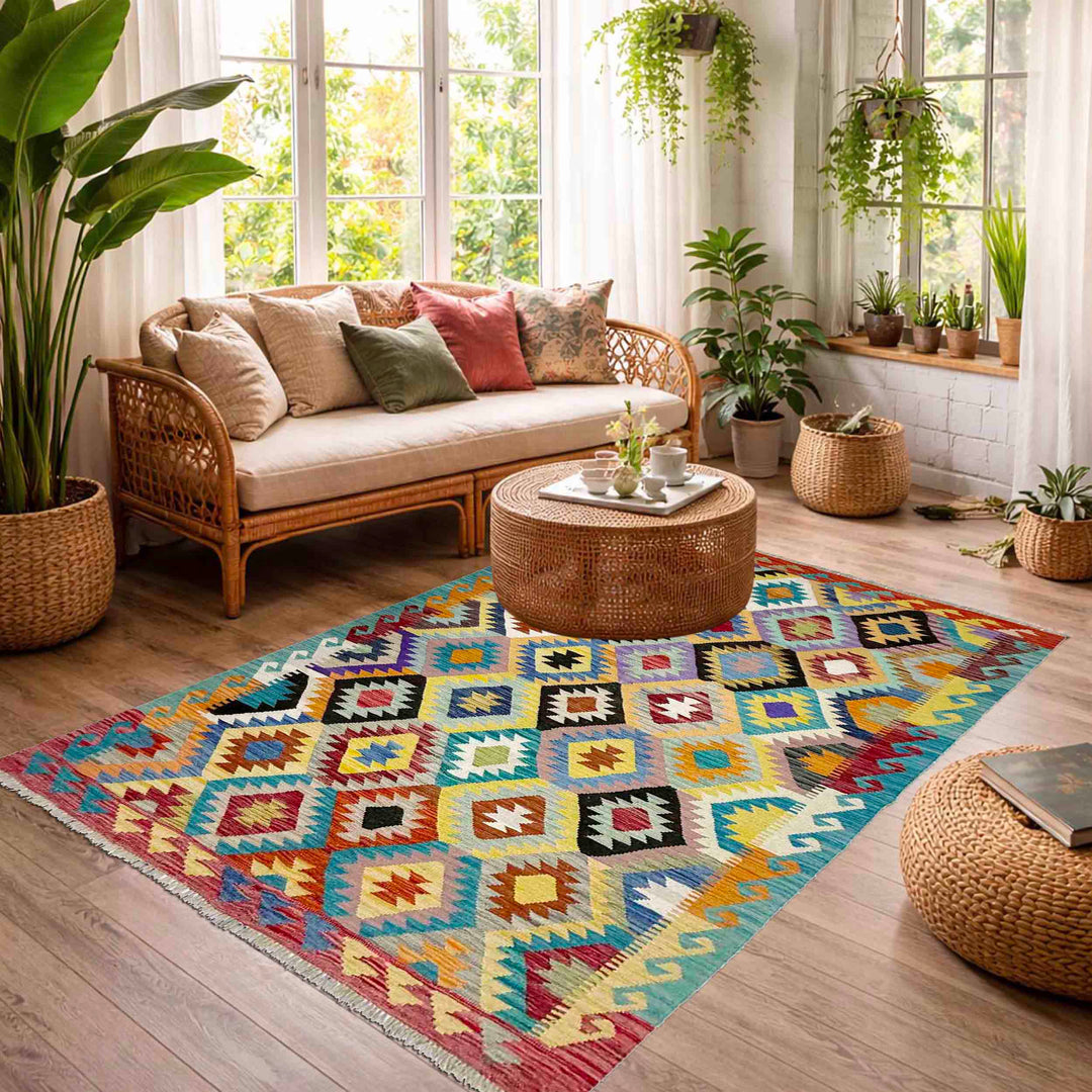 Afghan Vegetable Kilim Rug 5' 3" x 6' 9" Flat-Weave reverse
