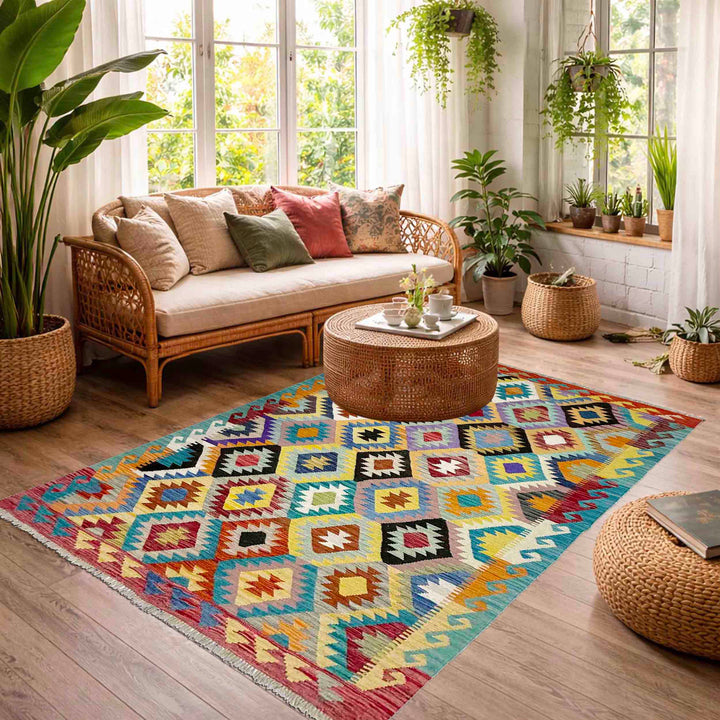 Afghan Vegetable Kilim Rug 5' 3" x 6' 9" Flat-Weave reverse