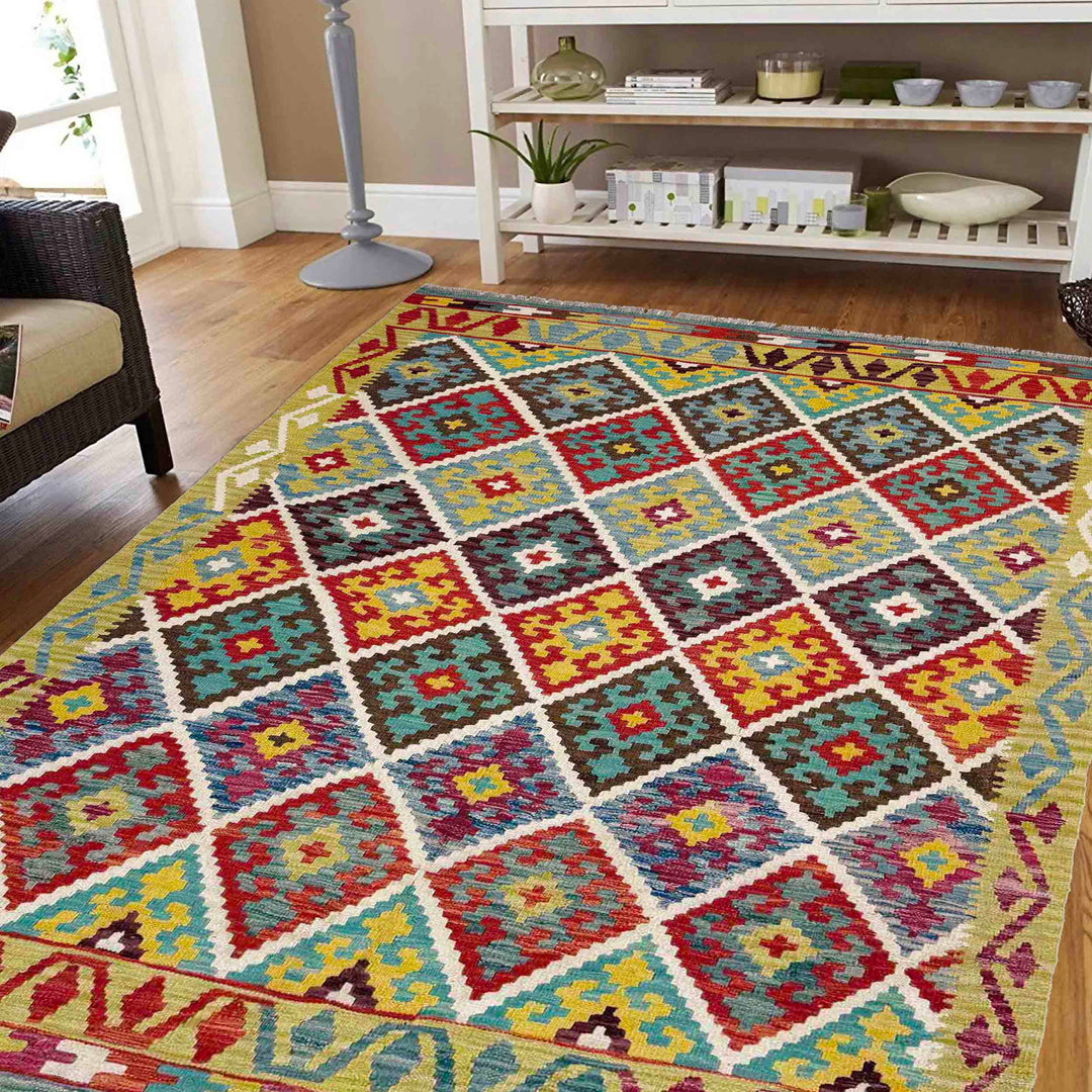Afghan Vegetable Kilim Rug 5'1" x 6'6" Flat-Weave reverse