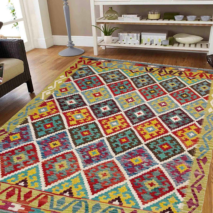 Afghan Vegetable Kilim Rug 5'1" x 6'6" Flat-Weave reverse