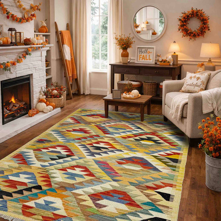 Afghan Vegetable Kilim Rug 3' 11" x 5' 9" Flat-Weave reverse