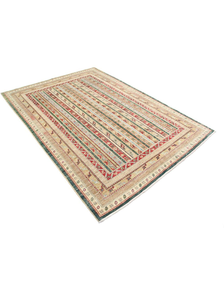 Green Afghan Oriental Rug 5' 8" x 7' 11" Hand-Knotted | No. AT62112