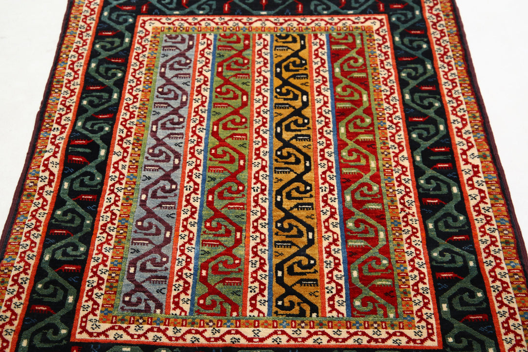 Black Afghan Shaal Rug 3' 2" x 4' 5" Hand-Knotted | No. AT88458