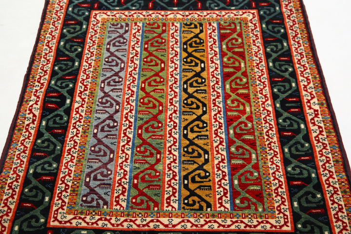 Black Afghan Shaal Rug 3' 2" x 4' 5" Hand-Knotted | No. AT88458