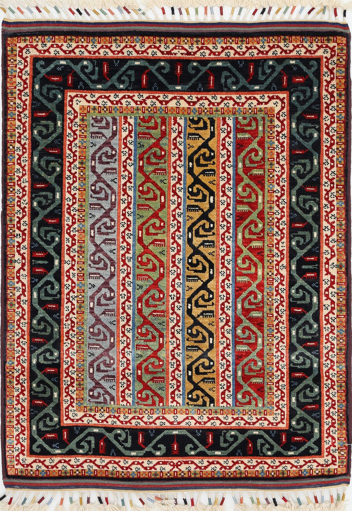 Black Afghan Shaal Rug 3' 2" x 4' 5" Hand-Knotted | No. AT88458