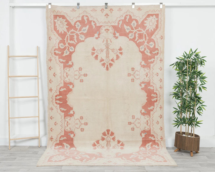 Beige Turkish Oushak Rug 8'8" x 5'5" Hand-Knotted | No. VR14038