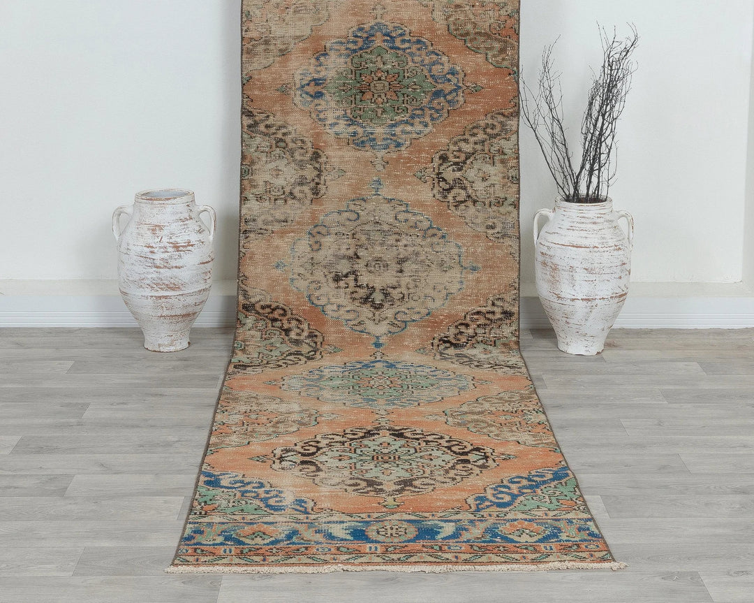 Blue Turkish Oushak Rug 3' 1" x 11' 6" Hand-Knotted detail