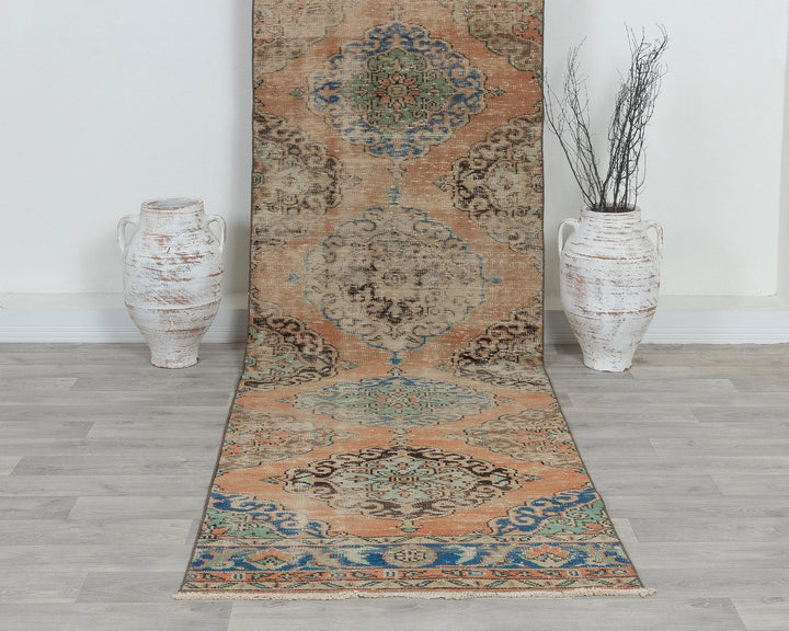 Blue Turkish Oushak Rug 3' 1" x 11' 6" Hand-Knotted detail