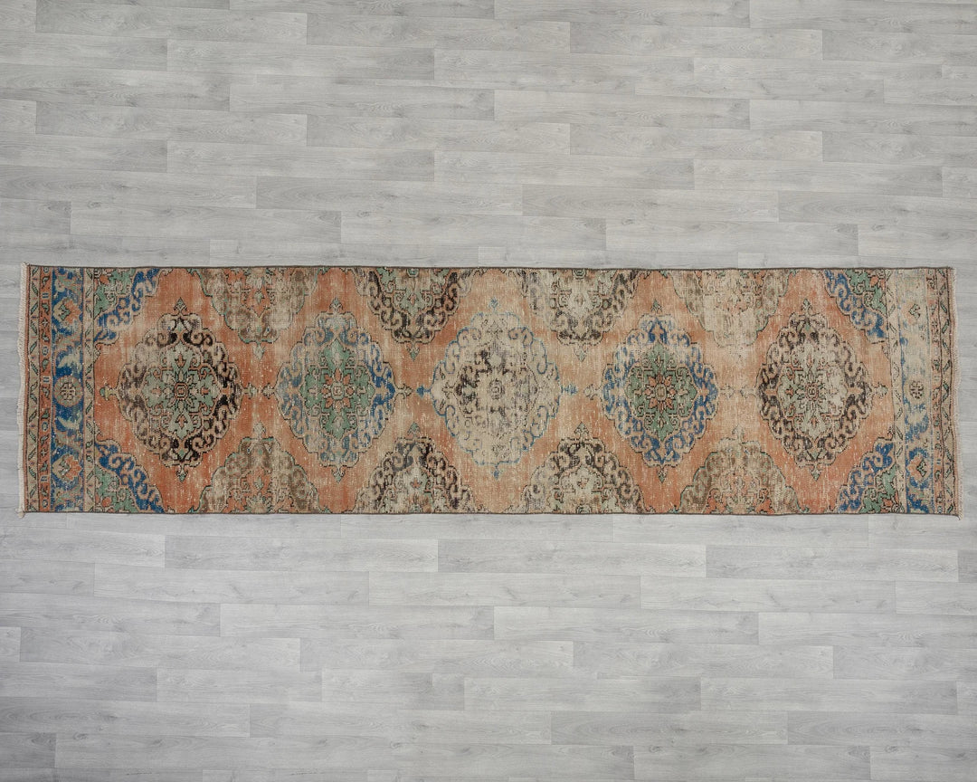 Blue Turkish Oushak Rug 3' 1" x 11' 6" Hand-Knotted reverse