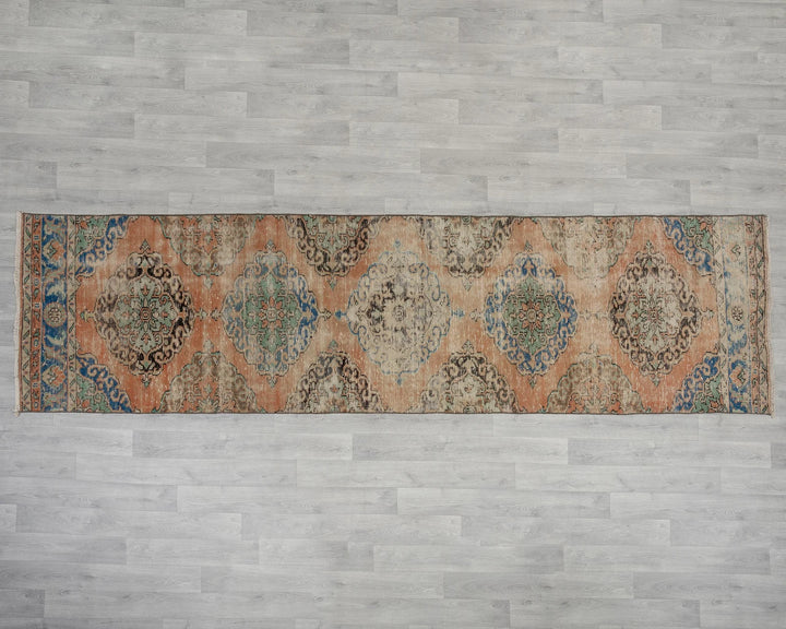 Blue Turkish Oushak Rug 3' 1" x 11' 6" Hand-Knotted reverse