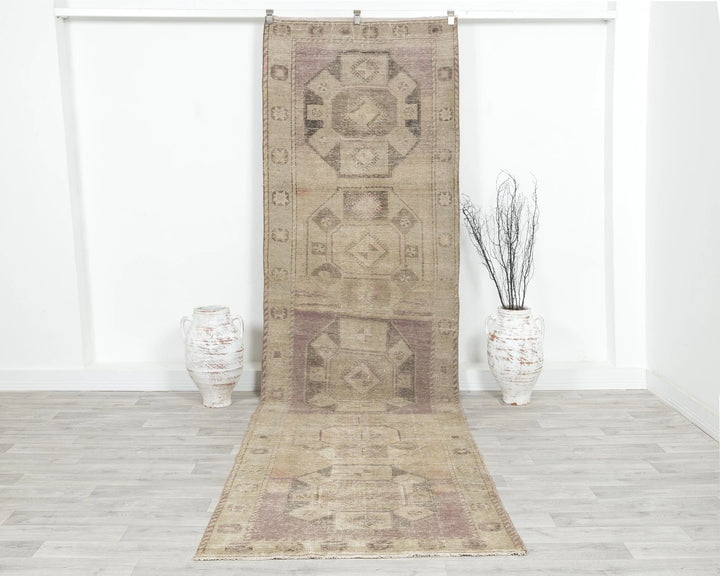 Beige Turkish Oushak Rug 3'7" x 12'8" Hand-Knotted | No. VR15654
